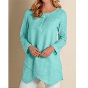 Soft Surroundings Tunic Blouse Linen Cotton Turquoise Breezy Nights Womens XL
